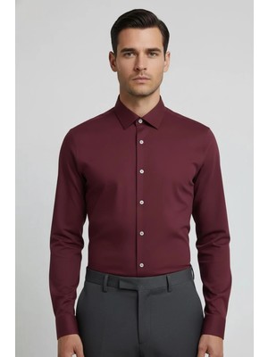 Sabri Özel Giotelli Bordo Slim Fit %100 Pamuk Düğmeli Yaka Erkek Gömlek