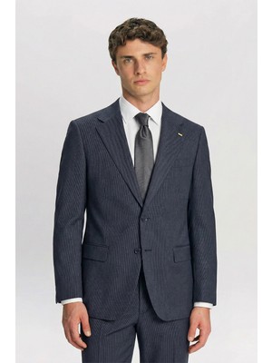 Sabri Özel Giotelli Erkek Açık Lacivert Slim Fit Çizgili Mono Yaka Yelekli 6 Drop Takım Elbise