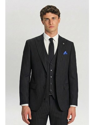 Giotelli Siyah Yelekli Çizgili Sivri Yaka Roma Kalıp 6 Drop Tam Astarlı Erkek Takım Elbise