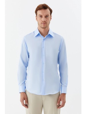 Sabri Özel Erkek Mavi Sivri Yaka %100 Pamuk Regular Fit Uzun Kollu Gömlek