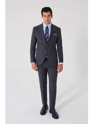 Sabri Özel Gri Slim Fit %100 Yün Mono Yaka Çizgili Çift Yırtmaçlı 6 Drop Takım Elbise