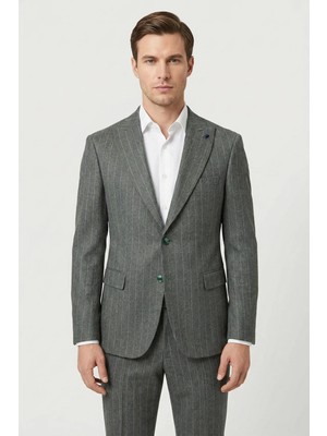Sabri Özel Giotelli Erkek Haki Dar Kesim Slim Fit Viskon Çizgili Sivri Yaka Duble Paça Tam Astarlı 6 Drop Takım Elbise