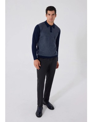 Sabri Özel Lacivert-Gri Regular Fit Yün Karışımlı Polo Yaka Triko Kazak