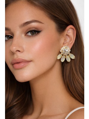 Versein Atelier Gold Detaylı Kristal Taşlı Fransız Model Su Yeşili Çelik Küpe