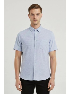 Sabri Özel Erkek Gri Kısa Kollu Pamuk Gömlek – Düğmeli Yaka, Regular Fit