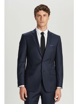 Sabri Özel Siyah Regular Fit %100 Yün Çizgili Mono Yaka Takım Elbise