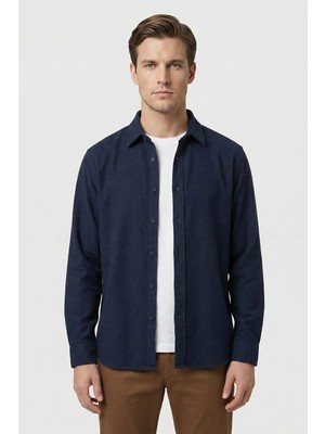 Sabri Özel Lacivert Regular Fit Pamuklu Uzun Kollu Düz Polo Yaka Erkek Oduncu Gömlek