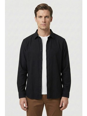 Sabri Özel Siyah Regular Fit Pamuklu Uzun Kollu Düz Polo Yaka Erkek Oduncu Gömlek