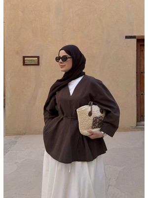 Moda Aksa 8975 Keten V Yaka Bluz Kahve