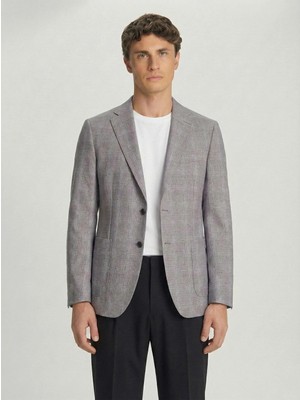 Sabri Özel Gri Slim Fit Pamuklu Mono Yaka Kareli Casual Ceket