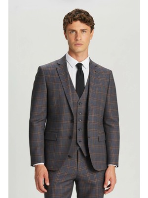 Sabri Özel Giotelli Erkek Bordo Dar Kesim Slim Fit Yünlü Kareli Mono Yaka Tam Astarlı 8 Drop Yelekli Takım Elbise
