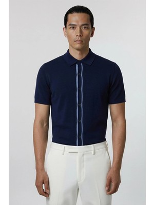 Sabri Özel Giotelli Lacivert Slim Fit Triko Düğmeli Polo Yaka Erkek Gömlek