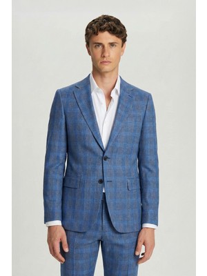 Sabri Özel Giotelli Lacivert Slim Fit Mono Yaka Ekose Desenli Yelekli Takım Elbise