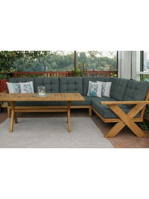 Berlin Masif Ahşap Bahçe Balkon Köşe Koltuk ve Masa Takımı Kestane Ağacı Haki