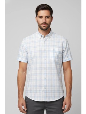 Sabri Özel Erkek Beyaz Kısa Kollu Ekose Desenli Pamuk Gömlek – Düğmeli Yaka, Regular Fit