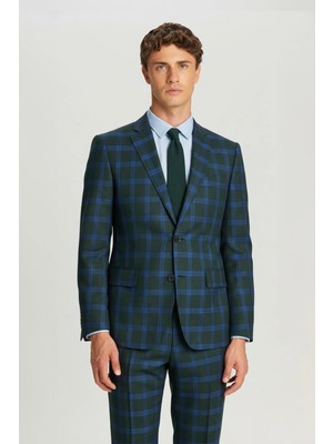Sabri Özel Giotelli Yeşil Slim Fit Mono Yaka Ekose Desenli Yelekli Takım Elbise