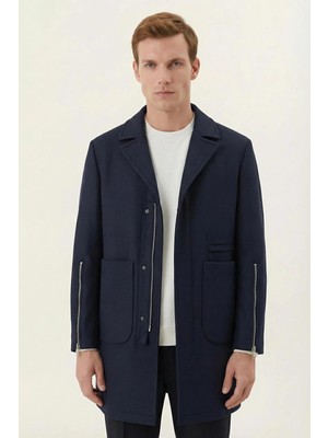 Sabri Özel Giotelli Lacivert Regular Fit Yün Karışımlı Ceket Yaka Erkek Kaşe Kaban