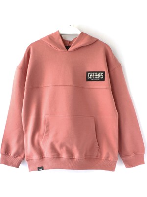 DobaKids Ipeksi Yumuşak Dokulu Fırçalı 2 Iplik Arkası Baskılı Erkek Çocuk Kapüşonlu Düz Renk Hoodie Somon