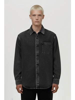 Sabri Özel Antrasit Regular Fit Pamuk Karışımlı Denim Ceket Gömlek