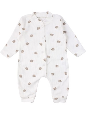 by BebekOdam Unisex Ekru Kahve Ayılı Desenli Fitilli Manşetli Tulum - 1016481