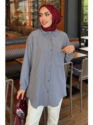 Tesettür Diyarı Linda Kumaş Cep Detaylı Tesettür Gömlek- Gri