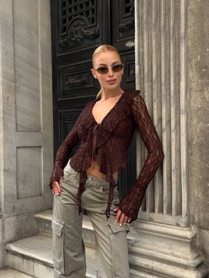 Cemo Kadın V Yaka Bağlamalı Dantel Uzun Kollu Bluz