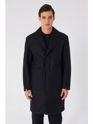 Sabri Özel Giotelli Siyah Regular Fit Ceket Yaka Yünlü Kaşe Kaban