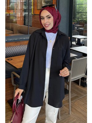 Tesettür Diyarı Linda Kumaş Cep Detaylı Tesettür Gömlek- Siyah