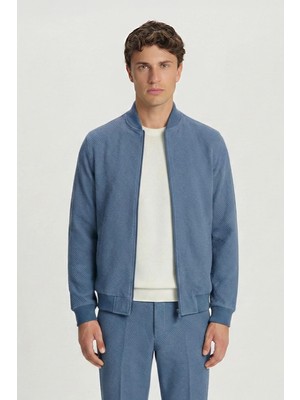 Sabri Özel Giotelli Erkek İndigo Dar Kesim Slim Fit Armürlü Triko Yaka Fermuarlı Tam Astarlı Bomber Stil 6 Drop Takım Elbise