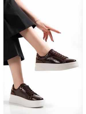 Zerenyus ZRNE-001 Premium Kahve Rugan Bağcıklı Kadın Sneaker