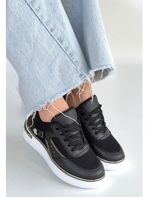 Zerenyus ZRNE-003 Premium Siyah Bağcıklı File Detaylı Kadın Sneaker