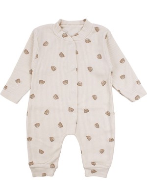 by BebekOdam Unisex Ekru Bej Ayılı Desenli Fitilli Manşetli Tulum - 1016482