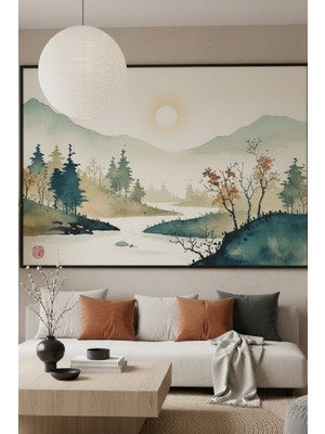 Safir Design Uzak Doğu Esintili Dağ ve Nehir Manzaralı Panoramik Çerçeveli Tablo