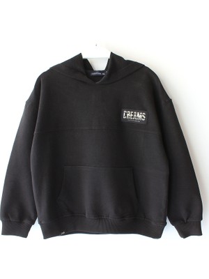 DobaKids Ipeksi Yumuşak Dokulu Fırçalı 2 Iplik Arkası Baskılı Erkek Çocuk Kapüşonlu Düz Renk Hoodie Siyah