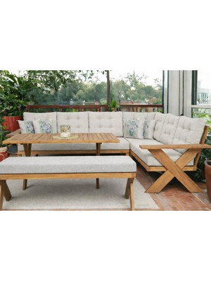 Berlin Masif Ahşap Bahçe Balkon Köşe Koltuk Benchli Masa Takımı Kestane Ağacı Krem