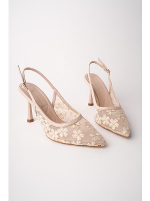 Muggo Aris Dantel Detaylı Sivri Burun Arkası Açık Ince Topuklu Kadın Abiye Ayakkabı