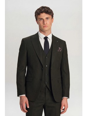 Giotelli Füme Yelekli Çizgili Sivri Yaka Roma Kalıp 6 Drop Tam Astarlı Erkek Takım Elbise
