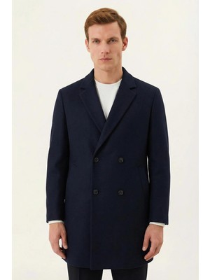 Sabri Özel Giotelli Lacivert Regular Fit Mono Yaka Yün Karışımlı Erkek Kaşe Kaban