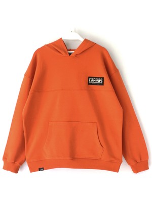 DobaKids Ipeksi Yumuşak Dokulu Fırçalı 2 Iplik Arkası Baskılı Erkek Çocuk Kapüşonlu Düz Renk Hoodie Turuncu