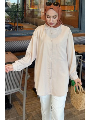 Tesettür Diyarı Linda Kumaş Cep Detaylı Tesettür Gömlek- Bej