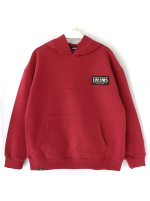 DobaKids Ipeksi Yumuşak Dokulu Fırçalı 2 Iplik Arkası Baskılı Erkek Çocuk Kapüşonlu Düz Renk Hoodie Kırmızı