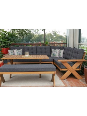 Berlin Masif Ahşap Bahçe Balkon Köşe Koltuk Benchli Masa Takımı Kestane Ağacı Antrasit