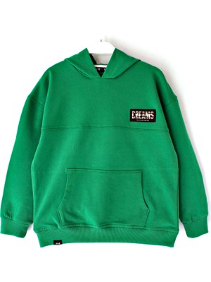 DobaKids Ipeksi Yumuşak Dokulu Fırçalı 2 Iplik Arkası Baskılı Erkek Çocuk Kapüşonlu Düz Renk Hoodie Yeşil