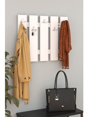 PROMODÜL Çok Amaçlı 5'li Duvar Çit Askılık Beyaz - 75X60 cm Dekoratif Antre ve Elbise Askısı - Metal Askı Uçlu