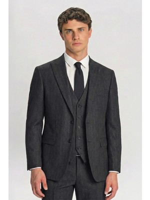 Giotelli Antrasit Yelekli Çizgili Sivri Yaka Roma Kalıp 6 Drop Tam Astarlı Erkek Takım Elbise