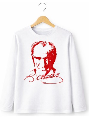Atatürk Portre Baskılı Unisex Beyaz Uzun Kollu Tişört