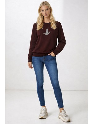 Club Kadın Sweatshirt Uzun Kollu Modal Kumaş Rahat Yumşak Esnek Yeni Sezon Taş Işlemeli