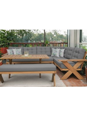 Berlin Masif Ahşap Bahçe Balkon Köşe Koltuk Benchli Masa Takımı Kestane Ağacı Gri