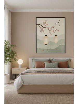 Safir Design Japon Sanatı Esintili Fener ve Kiraz Çiçeği Temalı Çerçeveli Tablo