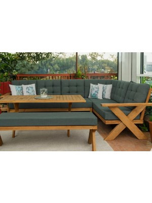 Berlin Masif Ahşap Bahçe Balkon Köşe Koltuk Benchli Masa Takımı Kestane Ağacı Haki